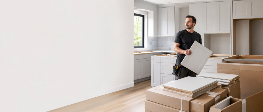 alt="in-stock kitchen cabinets warehouse for contractors